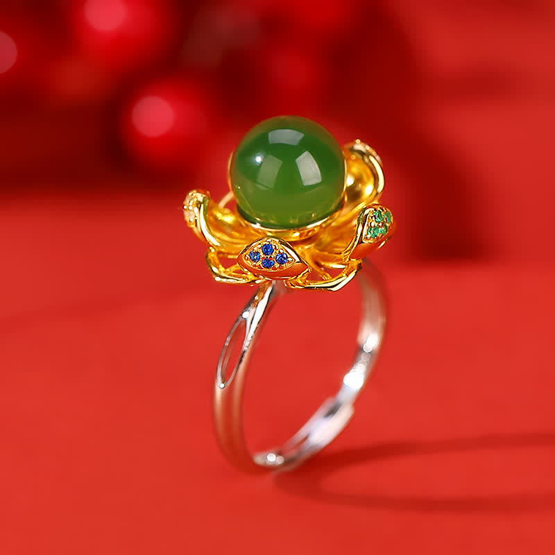 10mm White & Cyan Jade Lotus Flower Success Ring