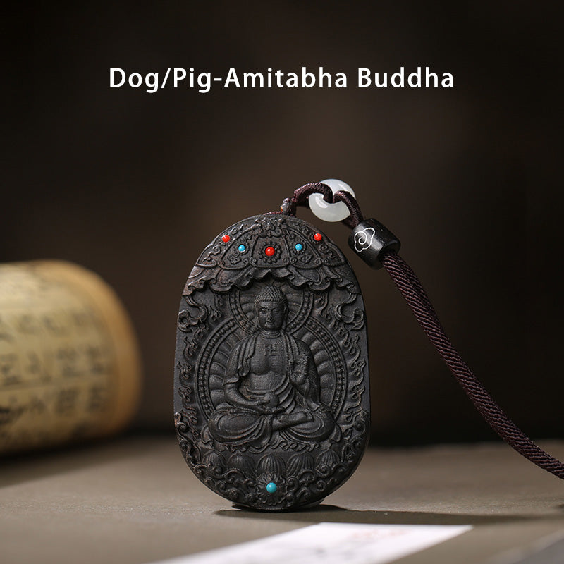 Chinese Zodiac Agarwood Necklace with Om Mani Padme Hum Pendant