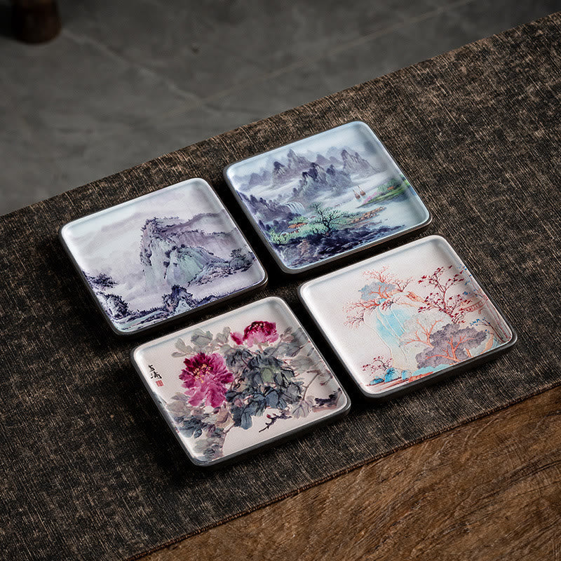 Ceramic Incense Burner Tray with Mountain Lake Flower Leaf Design
