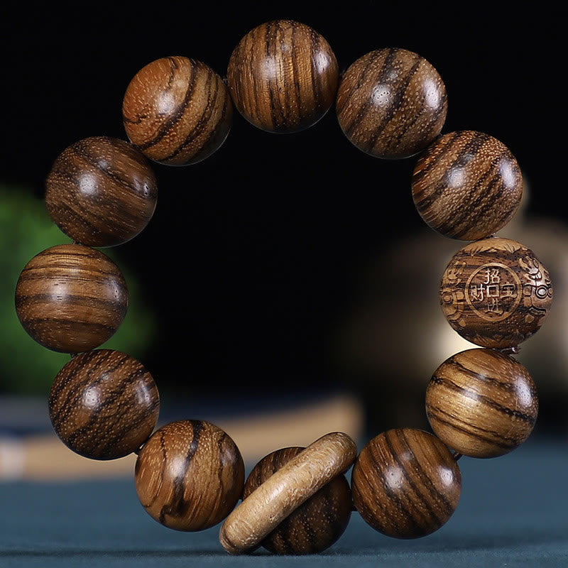 Rosewood Chinese Zodiac Bracelet with Carved Copper Coin for Calm