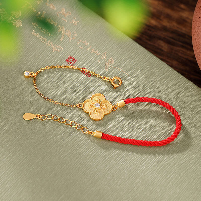 Gold Plated Four Leaf Clover Luck Bracelet with Red String