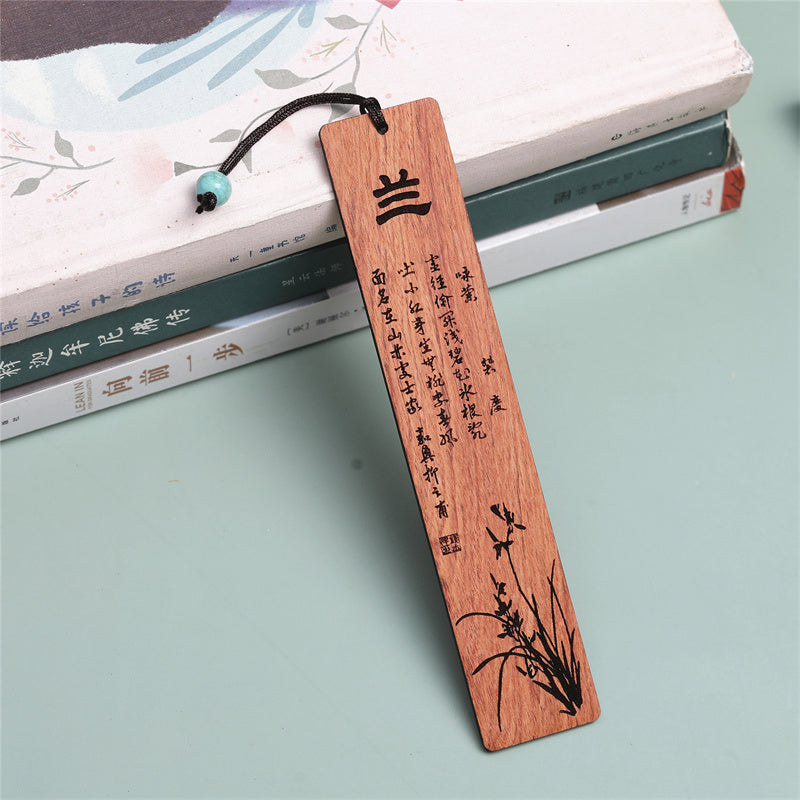 Wooden Zen Decor Bookmark with Plum Orchid Bamboo Chrysanthemum Motifs