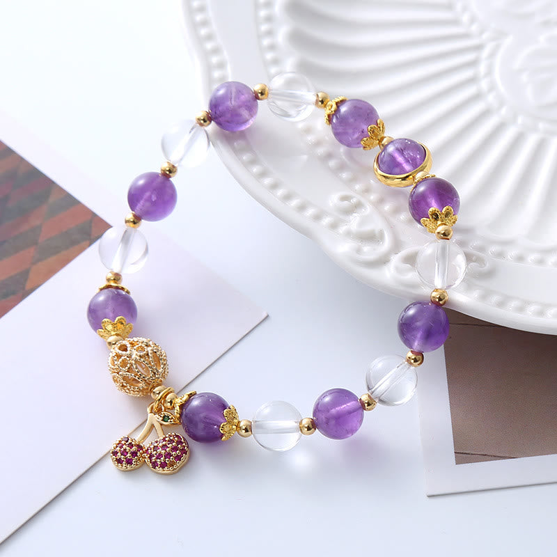 8mm Amethyst Crystal Bracelet with Cherry Charm for Positivity