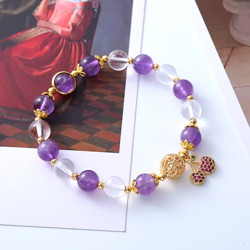 8mm Amethyst Crystal Bracelet with Cherry Charm for Positivity