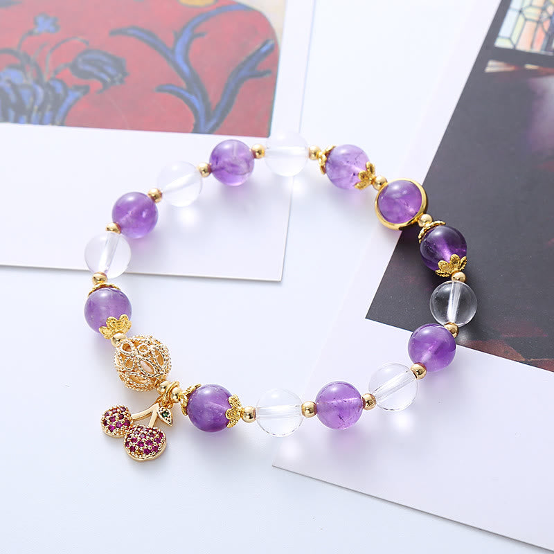 8mm Amethyst Crystal Bracelet with Cherry Charm for Positivity