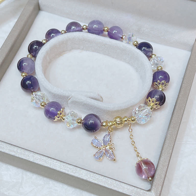 8mm Amethyst Crystal Spiritual Butterfly Charm Bracelet