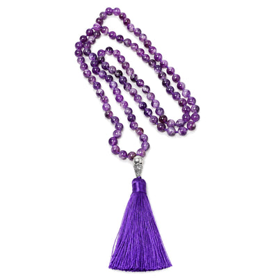 8mm Amethyst Meditation Mala Necklace 108 Beads, 0.31 IN, on a white background