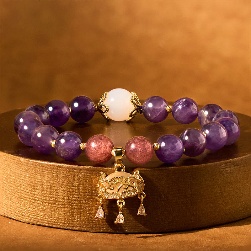 8mm Amethyst Peace Lock Charm Bracelet for Spiritual Protection