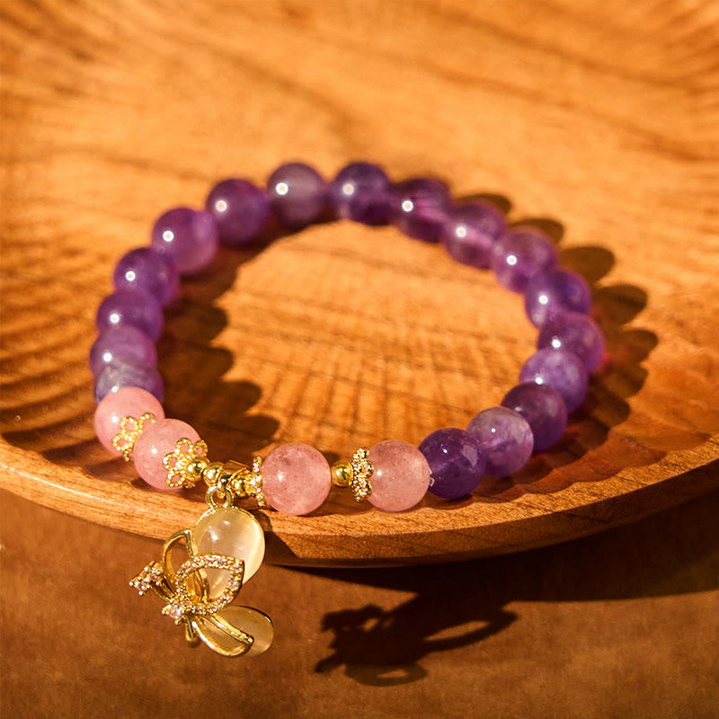 8mm Amethyst Strawberry Quartz Butterfly Charm Bracelet