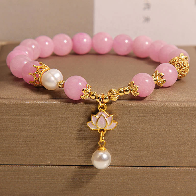 8mm Authentic Pink Jade Pearl Lotus Charm Bracelet