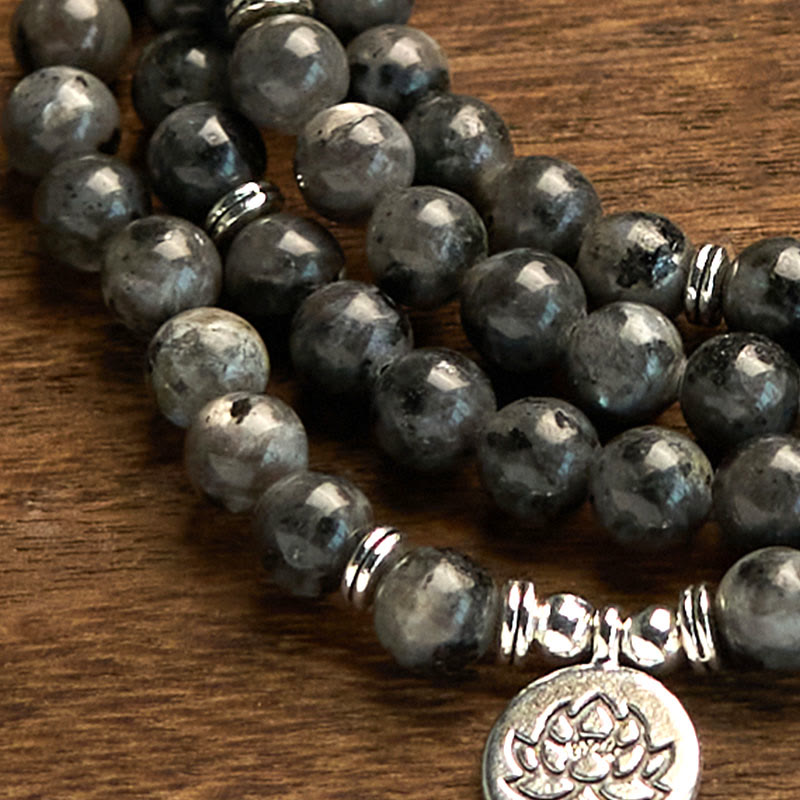 8mm Black Glitter Stone Lotus Positivity Mala Bracelet