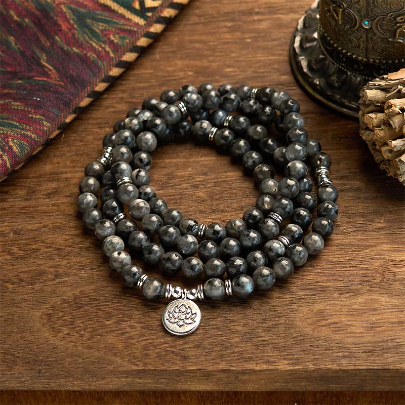 8mm Black Glitter Stone Lotus Positivity Mala Bracelet