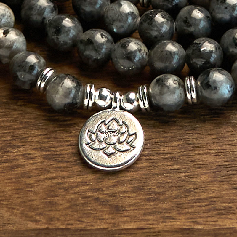 8mm Black Glitter Stone Lotus Positivity Mala Bracelet