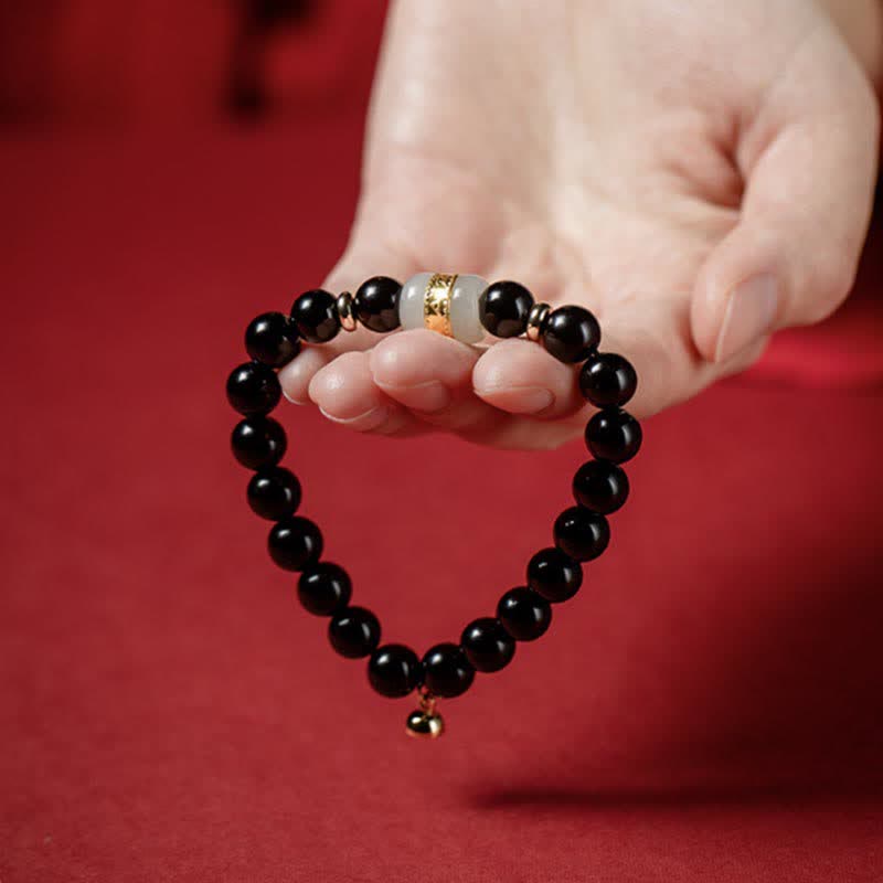 8mm Black Obsidian Jade Om Mani Padme Hum Strength Bracelet