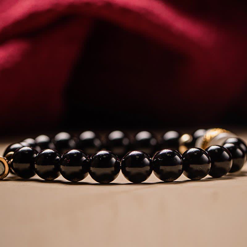 8mm Black Obsidian Jade Om Mani Padme Hum Strength Bracelet