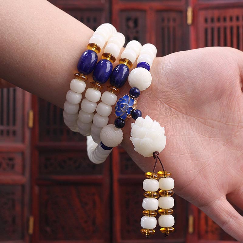 8mm Bodhi Seed Peace Bracelet with Opal, Red Agate & Lazurite Beads