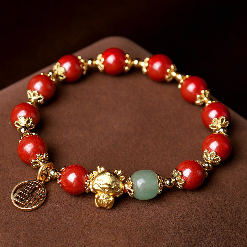 8mm Cinnabar Fu Character Blessing Bracelet Dragon Year