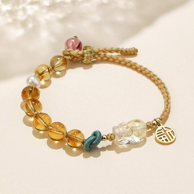 8mm Citrine Prosperity Bracelet with Fu Character and PiXiu Talisman