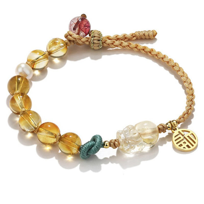 8mm Citrine Prosperity Bracelet with Fu Character and PiXiu Talisman