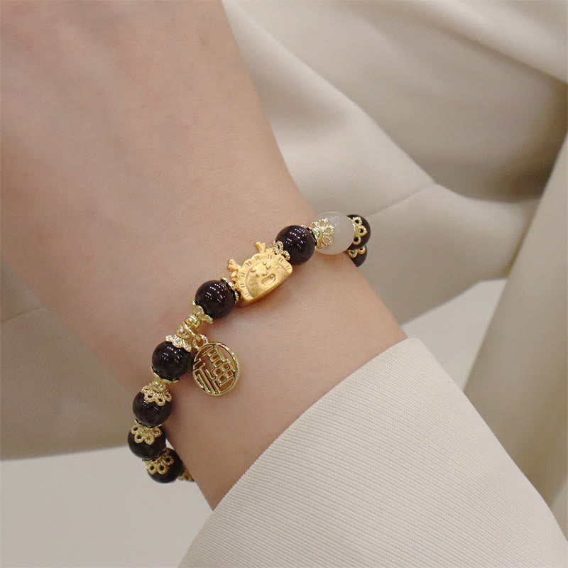 8mm Dragon Luck Bracelet with Red Agate & Multifaceted Stones