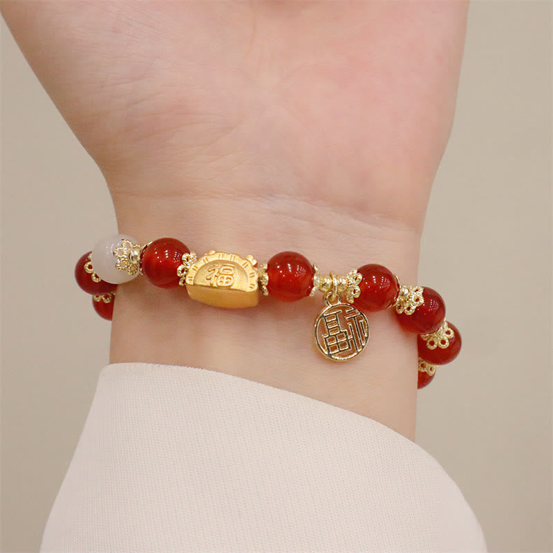 8mm Dragon Luck Bracelet with Red Agate & Multifaceted Stones