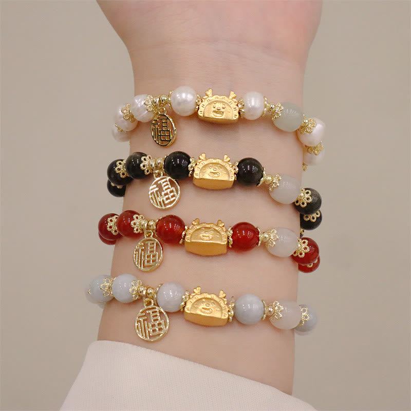 8mm Dragon Luck Bracelet with Red Agate & Multifaceted Stones