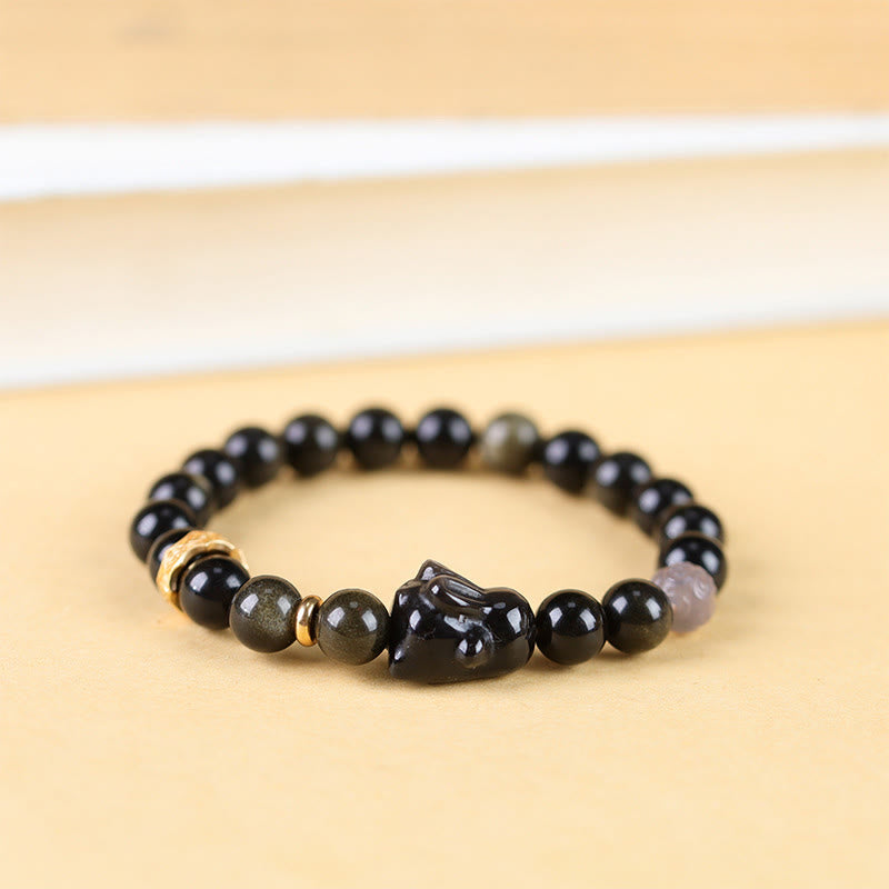 8mm Gold Sheen Obsidian Protection Bracelet with Rabbit Charm