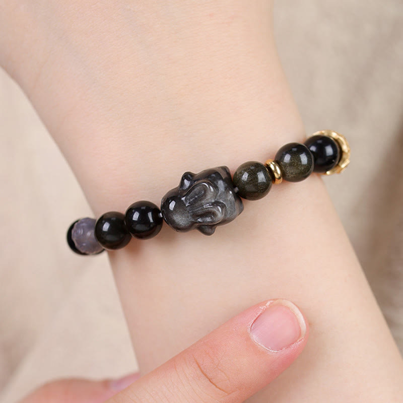 8mm Gold Sheen Obsidian Protection Bracelet with Rabbit Charm
