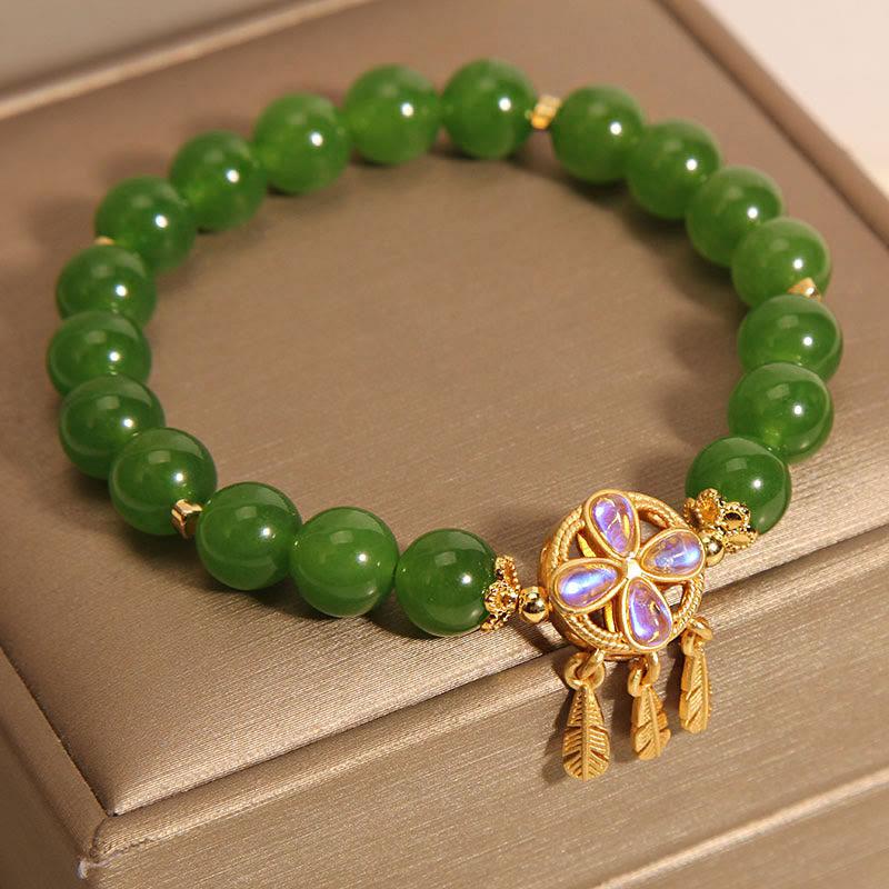 8mm Green Jade Dreamcatcher Four Leaf Clover Bracelet