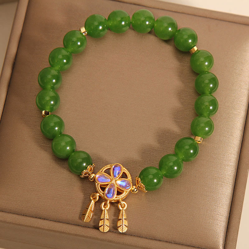 8mm Green Jade Dreamcatcher Four Leaf Clover Bracelet