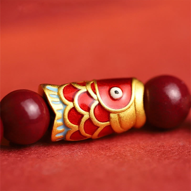 8mm Hetian Jade Blessing Bracelet with Cinnabar Koi Fish