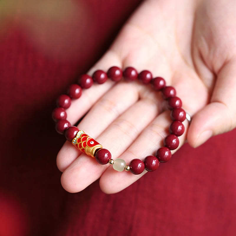 8mm Hetian Jade Blessing Bracelet with Cinnabar Koi Fish
