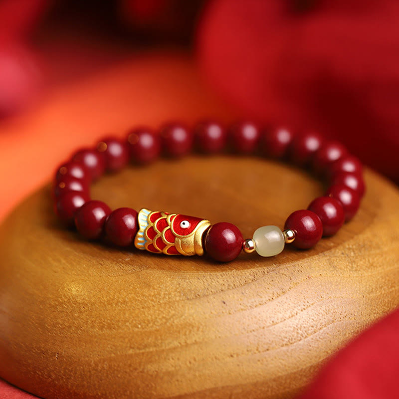 8mm Hetian Jade Blessing Bracelet with Cinnabar Koi Fish