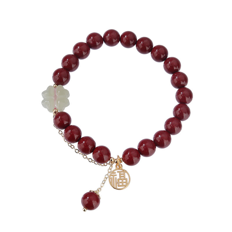 8mm Hetian Jade Jade Bracelet with Cinnabar Fu Blessing Charm