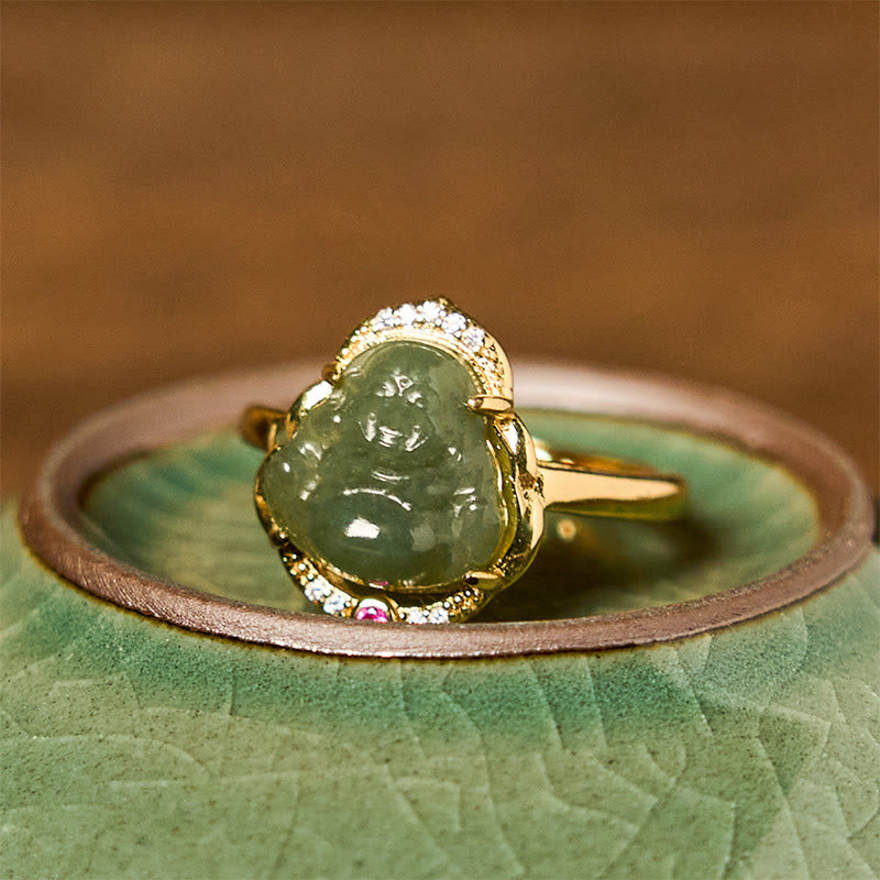 8mm Hetian Jade Laughing Buddha Ring for Luck and Prosperity