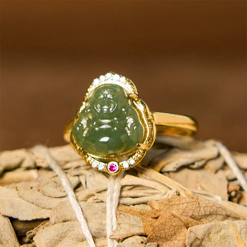 8mm Hetian Jade Laughing Buddha Ring for Luck and Prosperity
