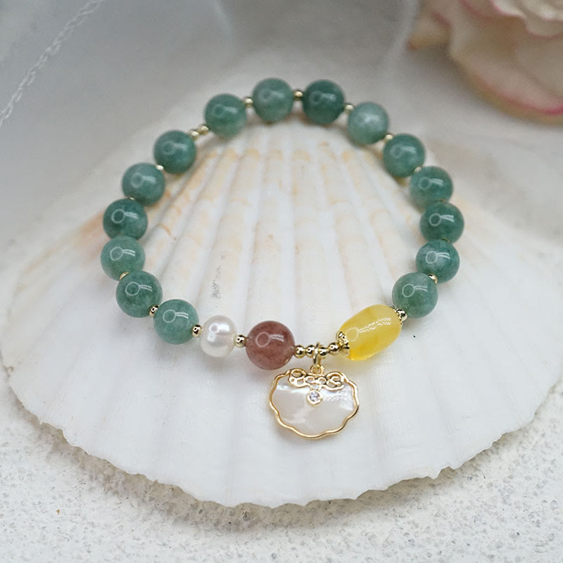 8mm Jade Sea Shell Luck Bracelet with Ruyi Lock Charm
