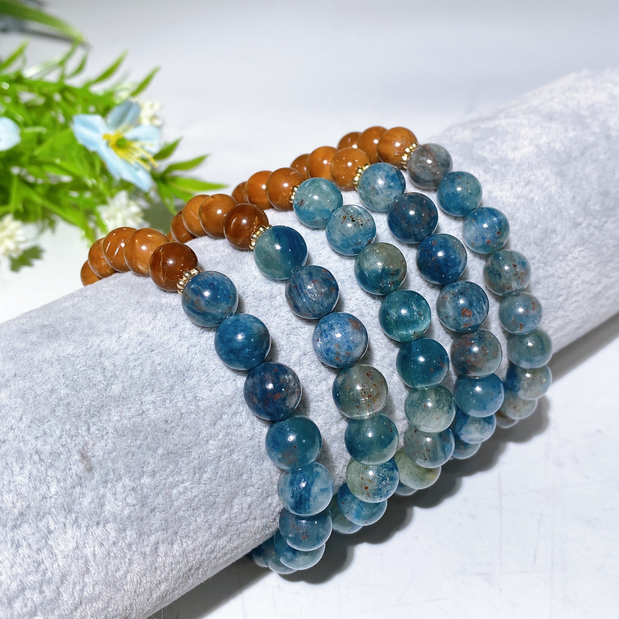 8mm Kyanite and Jade Healing Bracelet with Wood Accent