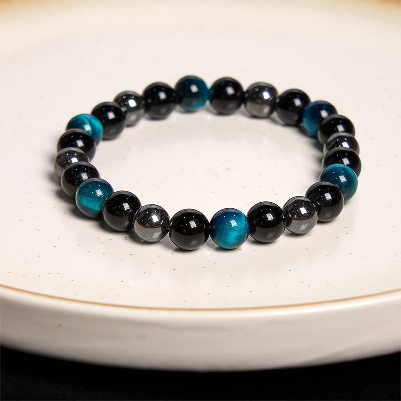 8mm Mens Yellow Tiger Eye Obsidian Hematite Bracelet for Protection
