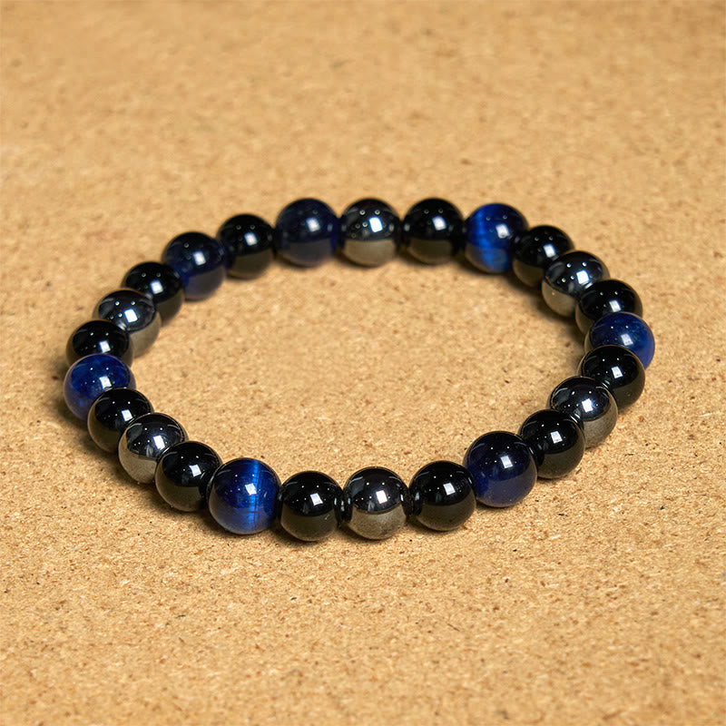 8mm Mens Yellow Tiger Eye Obsidian Hematite Bracelet for Protection
