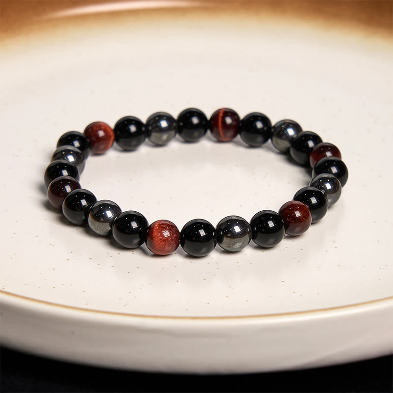 8mm Mens Yellow Tiger Eye Obsidian Hematite Bracelet for Protection