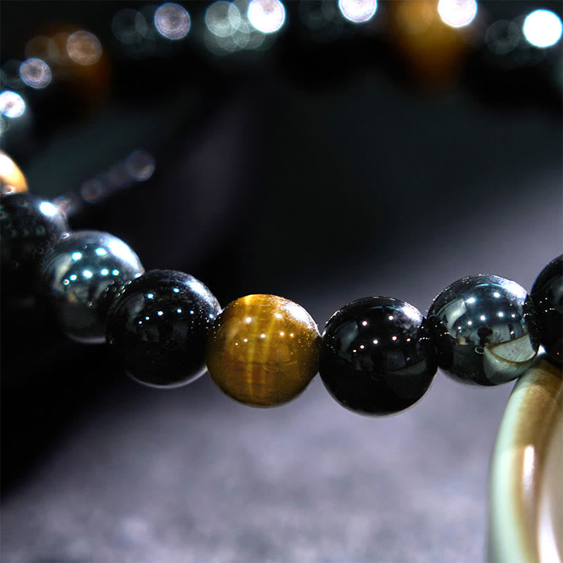 8mm Mens Yellow Tiger Eye Obsidian Hematite Bracelet for Protection