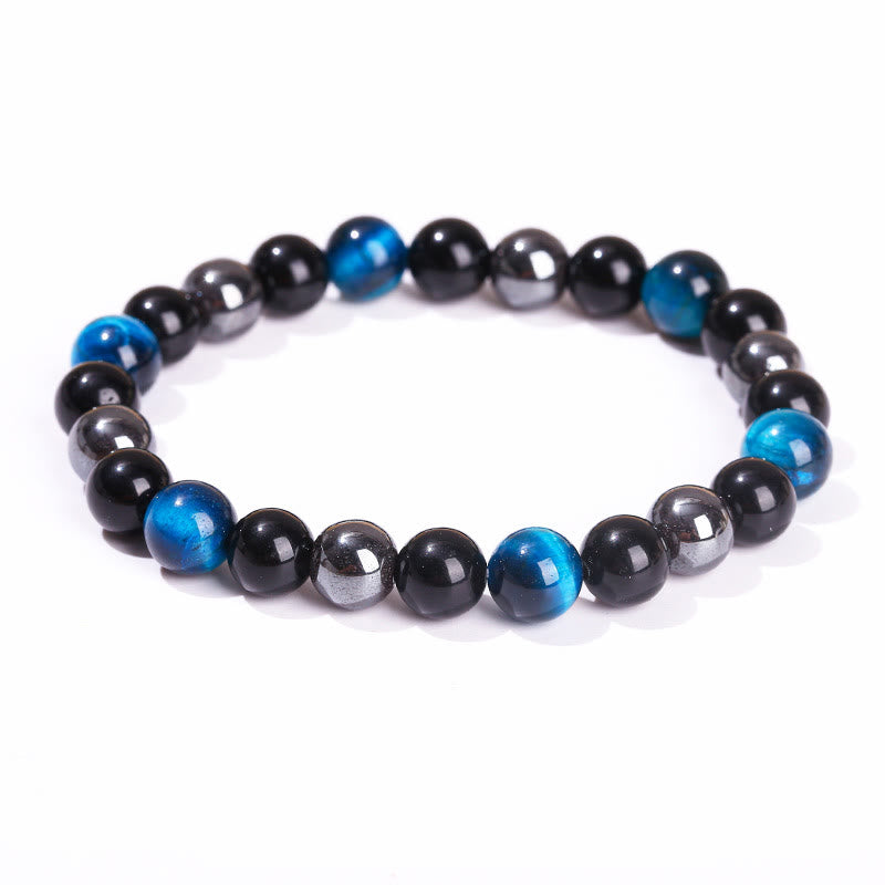 8mm Mens Yellow Tiger Eye Obsidian Hematite Bracelet for Protection