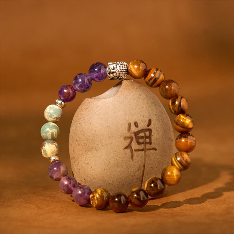 8mm Mixed Gemstone Buddha Bracelet for Protection & Balance