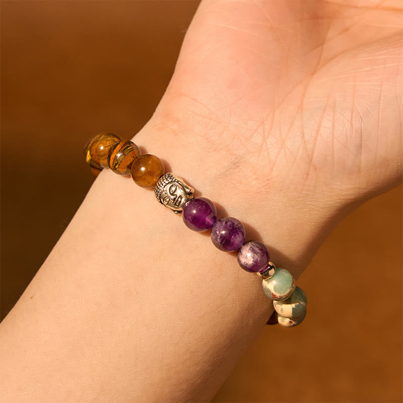 8mm Mixed Gemstone Buddha Bracelet for Protection & Balance
