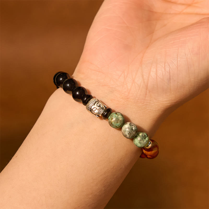 8mm Mixed Gemstone Buddha Bracelet for Protection & Balance