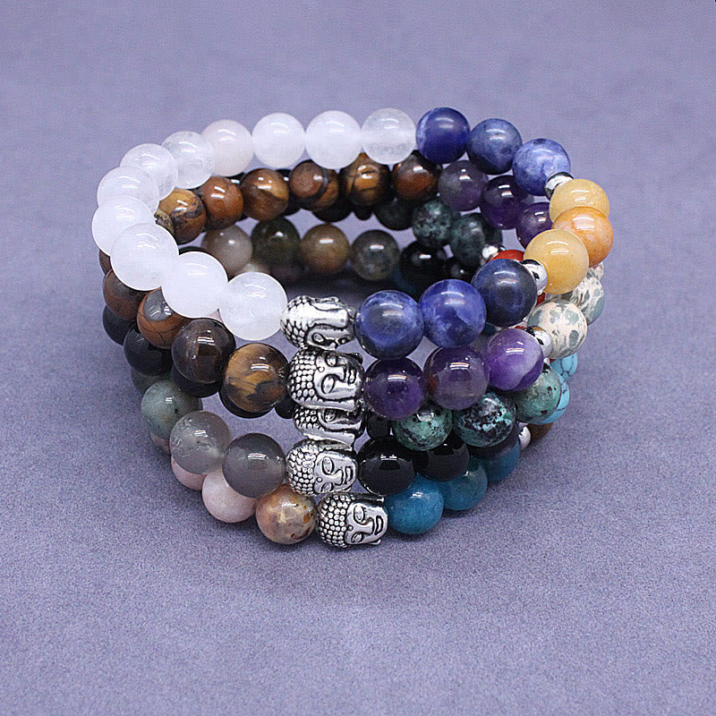 8mm Mixed Gemstone Buddha Bracelet for Protection & Balance