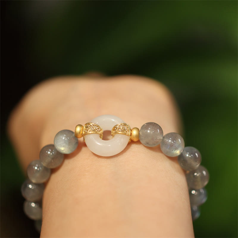 8mm Moonstone & Heitan Jade Peace Buckle Bracelet