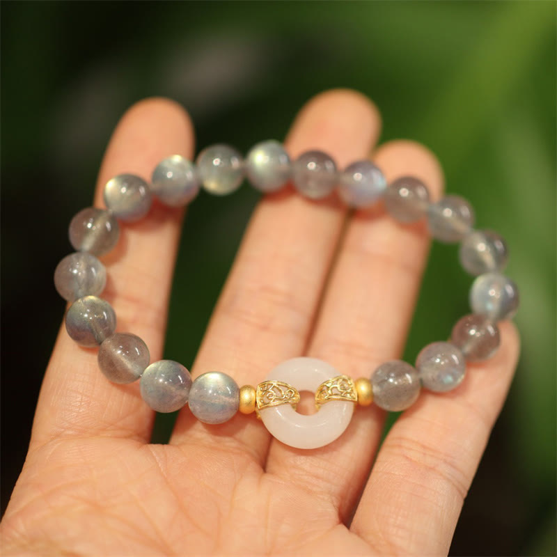 8mm Moonstone & Heitan Jade Peace Buckle Bracelet