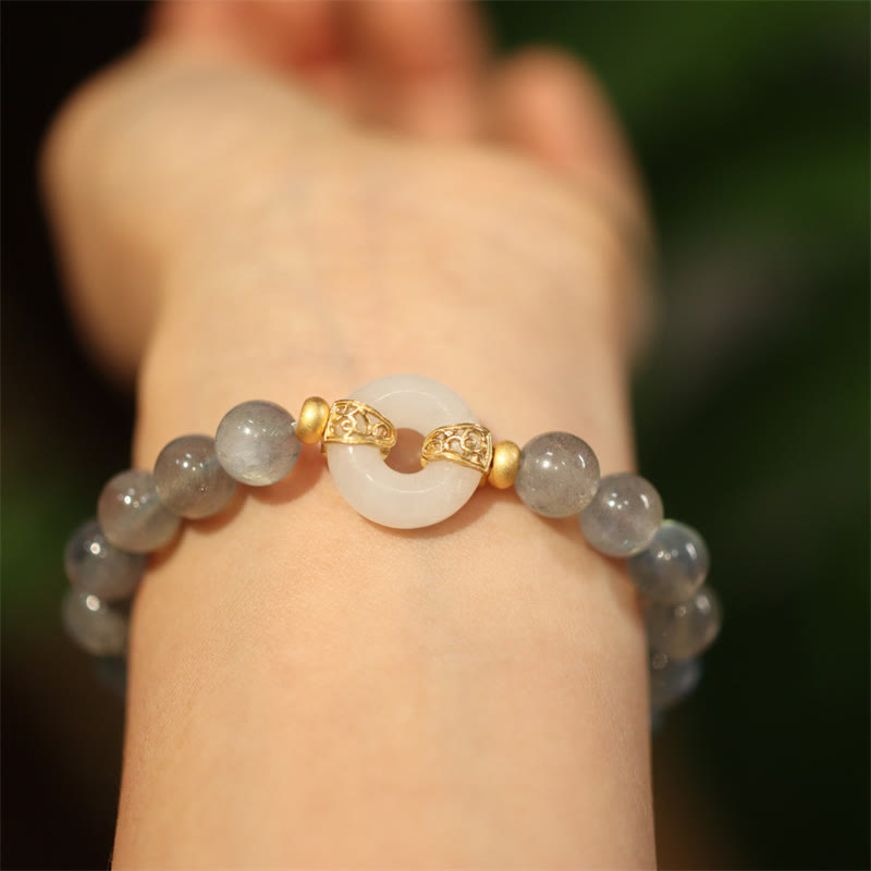 8mm Moonstone & Heitan Jade Peace Buckle Bracelet